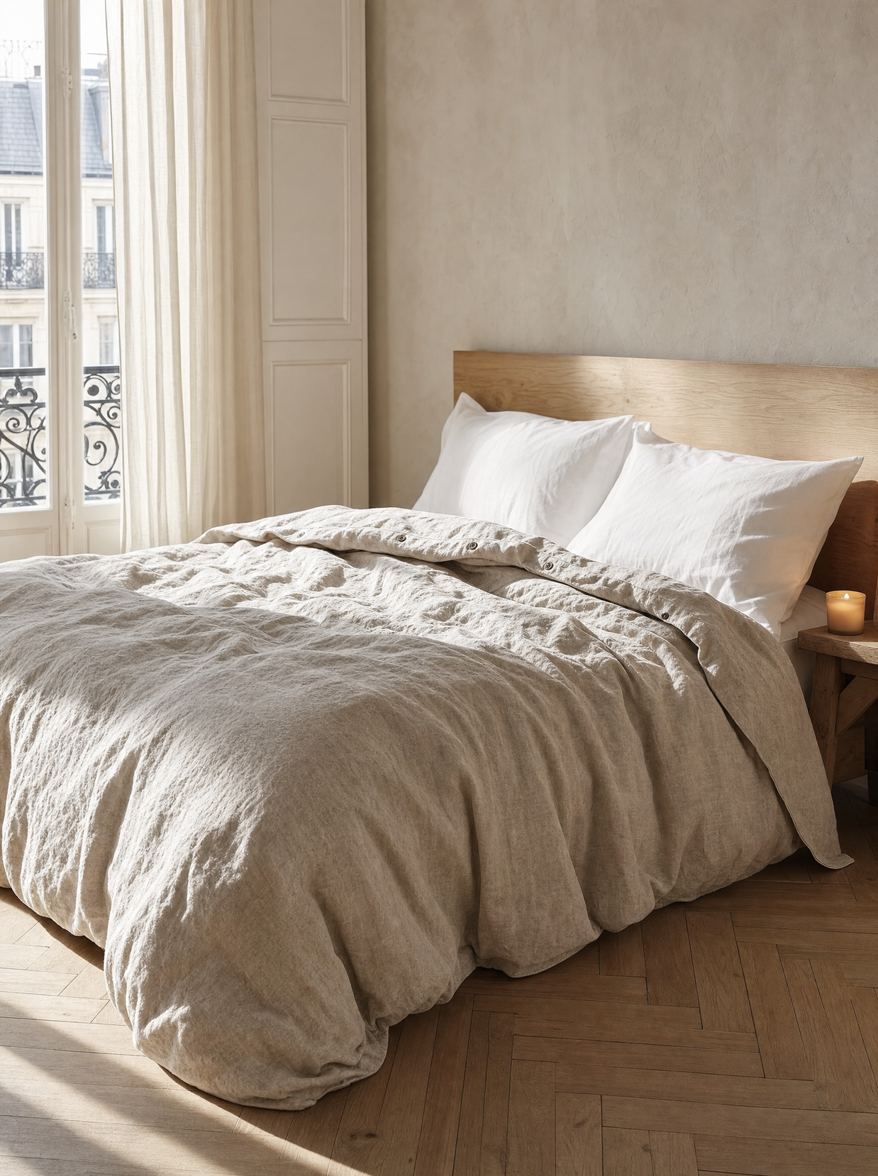 Housse de couette en lin lavé naturel Noctua Paris sur un lit dans une chambre parisienne, lumière du matin