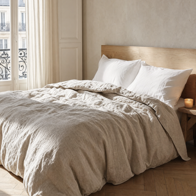 Housse de couette en lin lavé naturel Noctua Paris sur un lit dans une chambre parisienne, lumière du matin