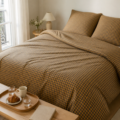 Housse de couette rétro 90 jaune à carreaux dans une chambre lumineuse – Noctua Paris