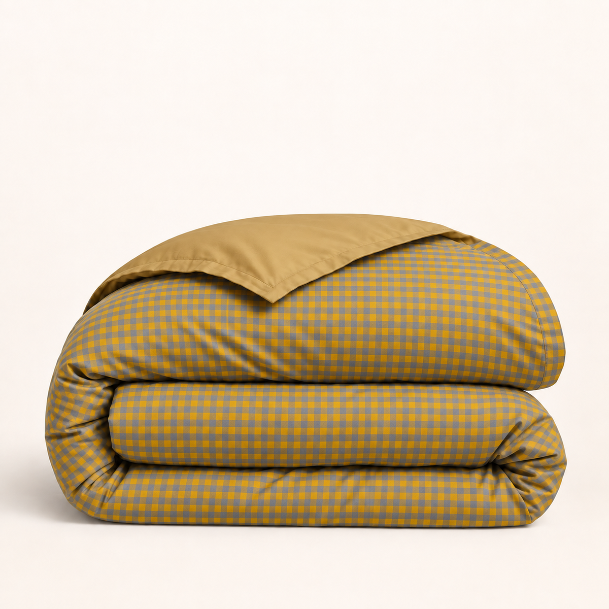 Housse de couette Rétro 90 jaune et gris, pliage généreux avec revers uni sur fond ivoire