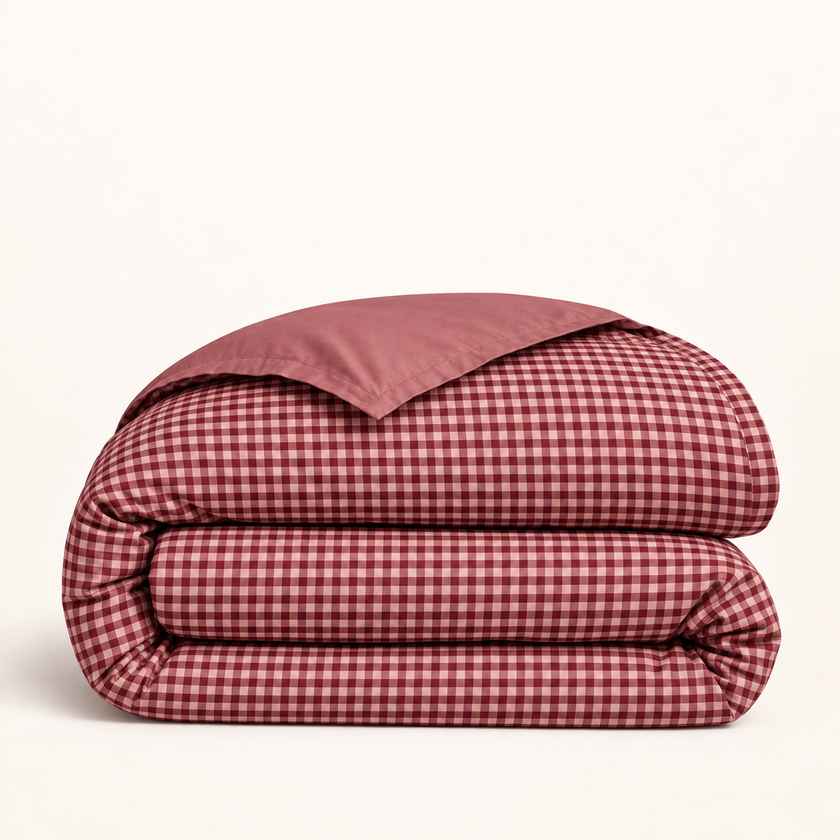 Housse de couette Rétro 90 rouge et rose, pliage généreux avec revers uni sur fond ivoire