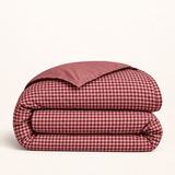 Housse de couette Rétro 90 rouge et rose, pliage généreux avec revers uni sur fond ivoire