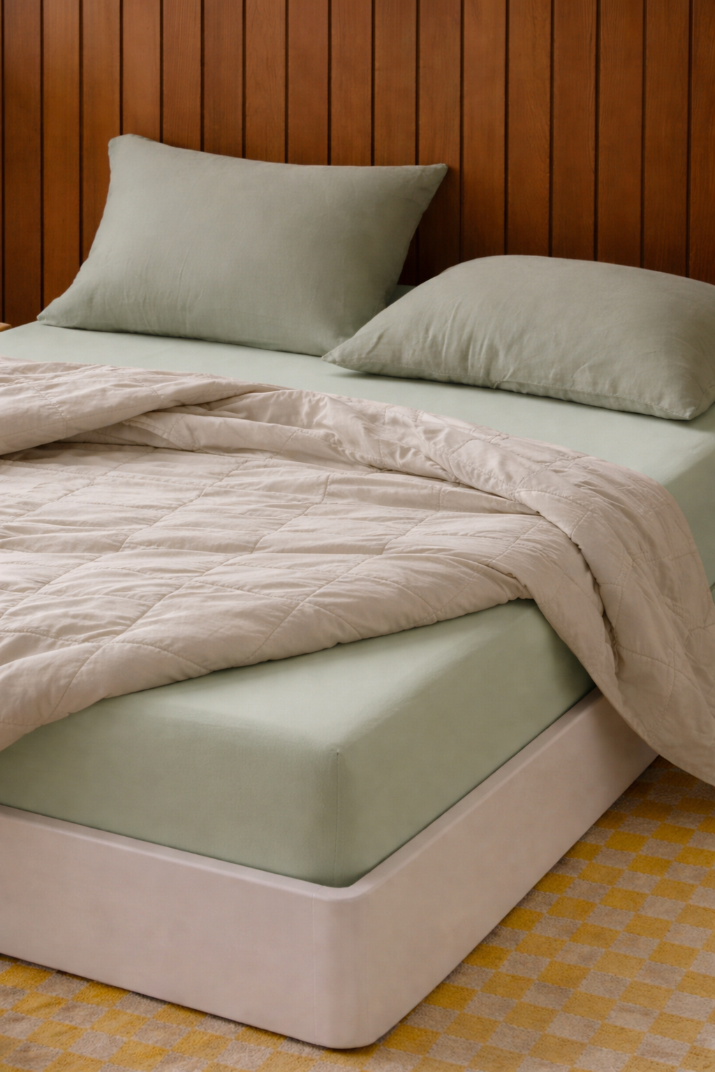 Drap-housse en coton doux vert sauge Noctua Paris dans une chambre minimaliste