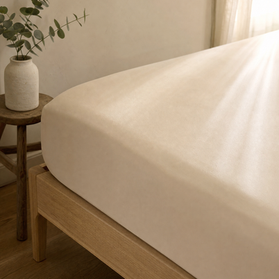Drap-housse coton égyptien Milk Tea Noctua Paris tendu sur un matelas, coin de lit en chêne clair