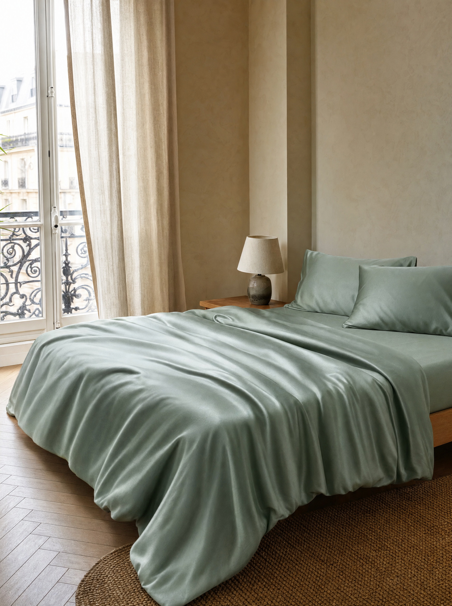 Housse de couette Lyocell eucalyptus vert sauge Noctua Paris sur un lit, chambre parisienne baignée de lumière