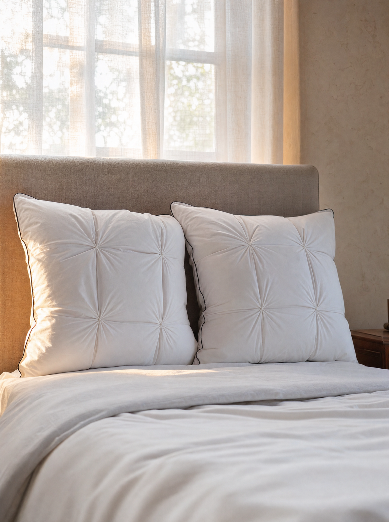 Oreillers plumes et duvet d'oie Noctua Paris contre une tête de lit en lin, lumière à contre-jour