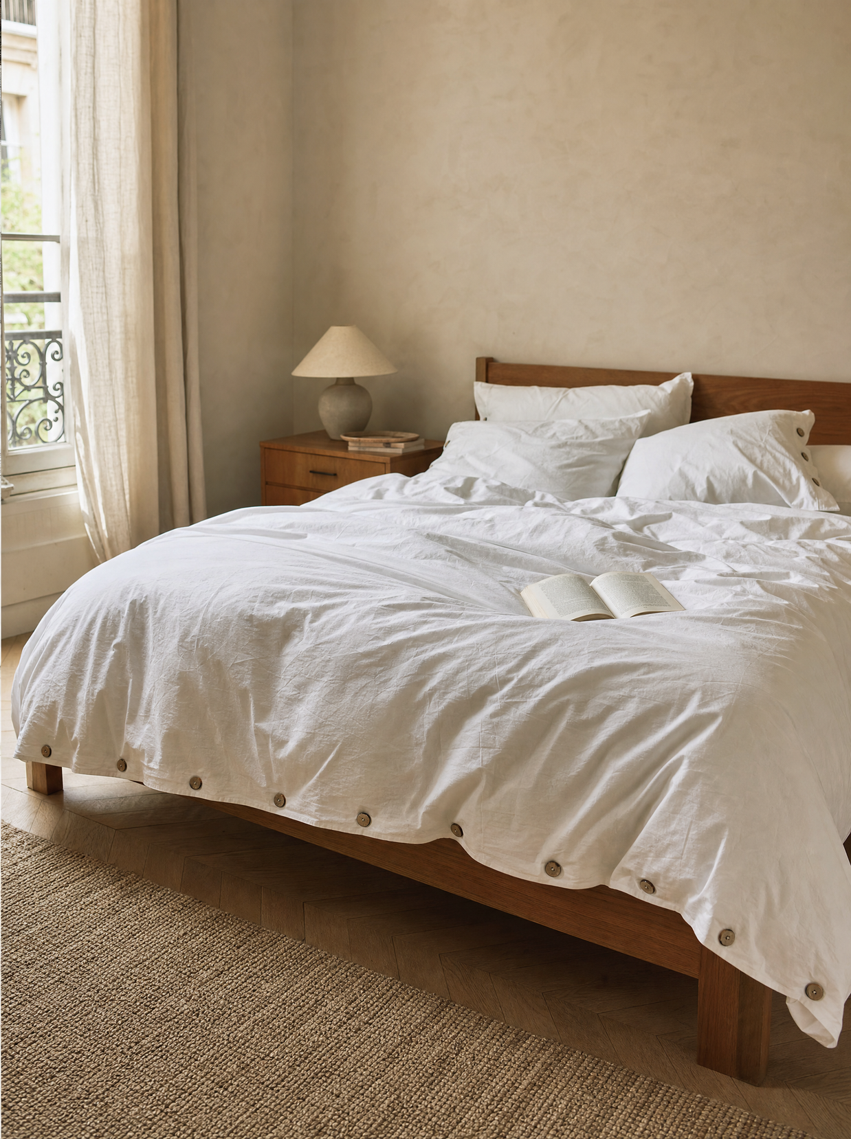 Parure percale de coton lavé blanche Noctua Paris sur un lit dans une chambre parisienne, lumière du matin