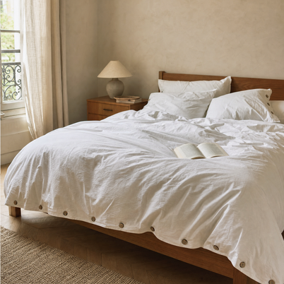 Parure percale de coton lavé blanche Noctua Paris sur un lit dans une chambre parisienne, lumière du matin