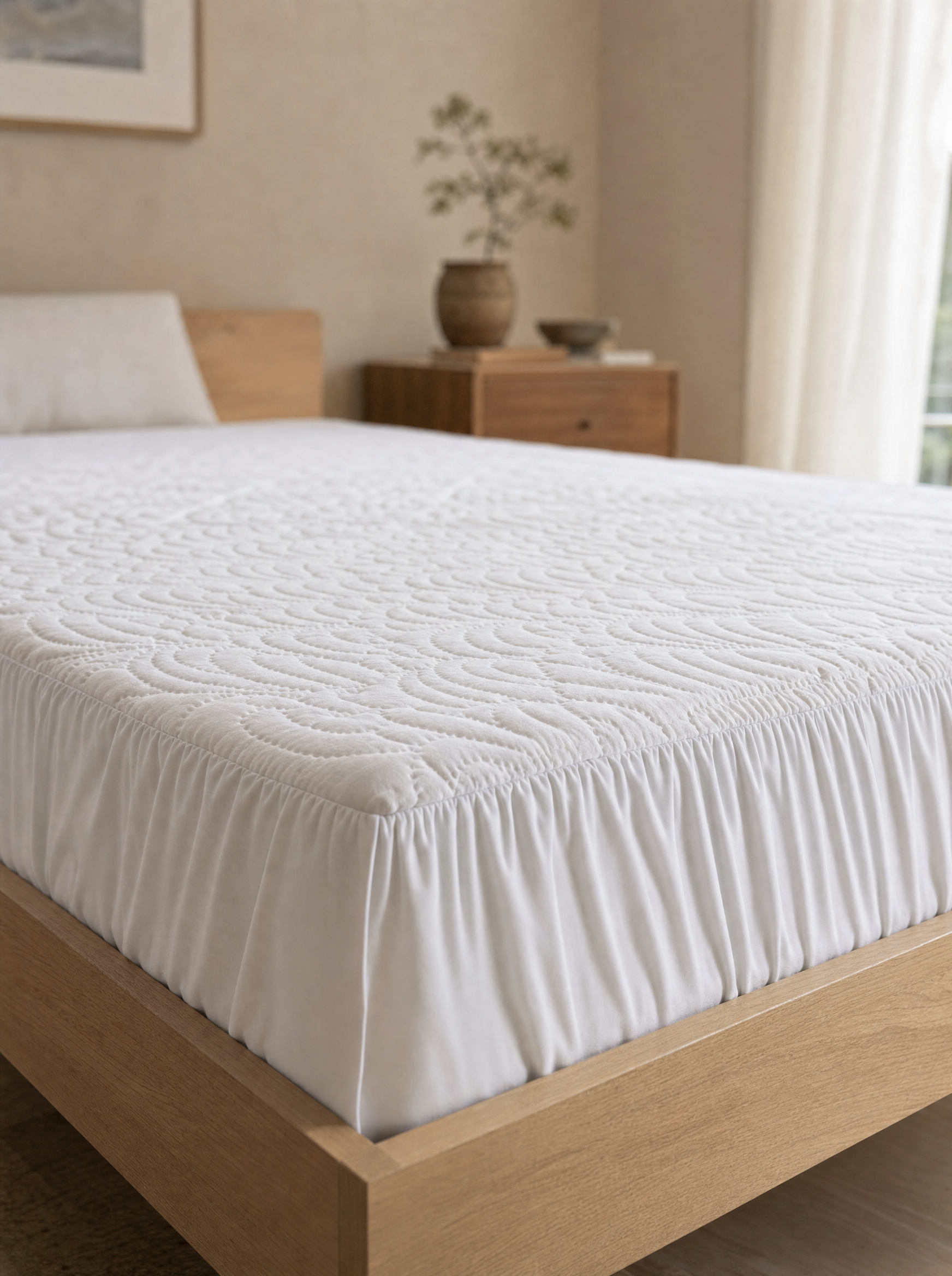 Protège-matelas Noctua Paris installé sur un matelas, jupe élastiquée épousant le coin