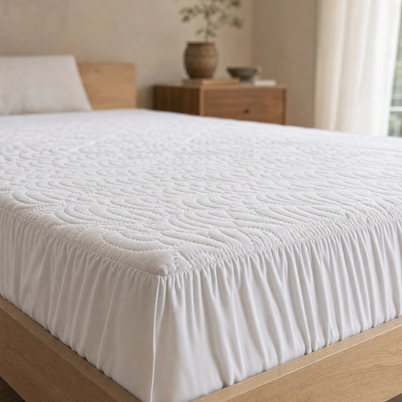 Protège-matelas Noctua Paris installé sur un matelas, jupe élastiquée épousant le coin