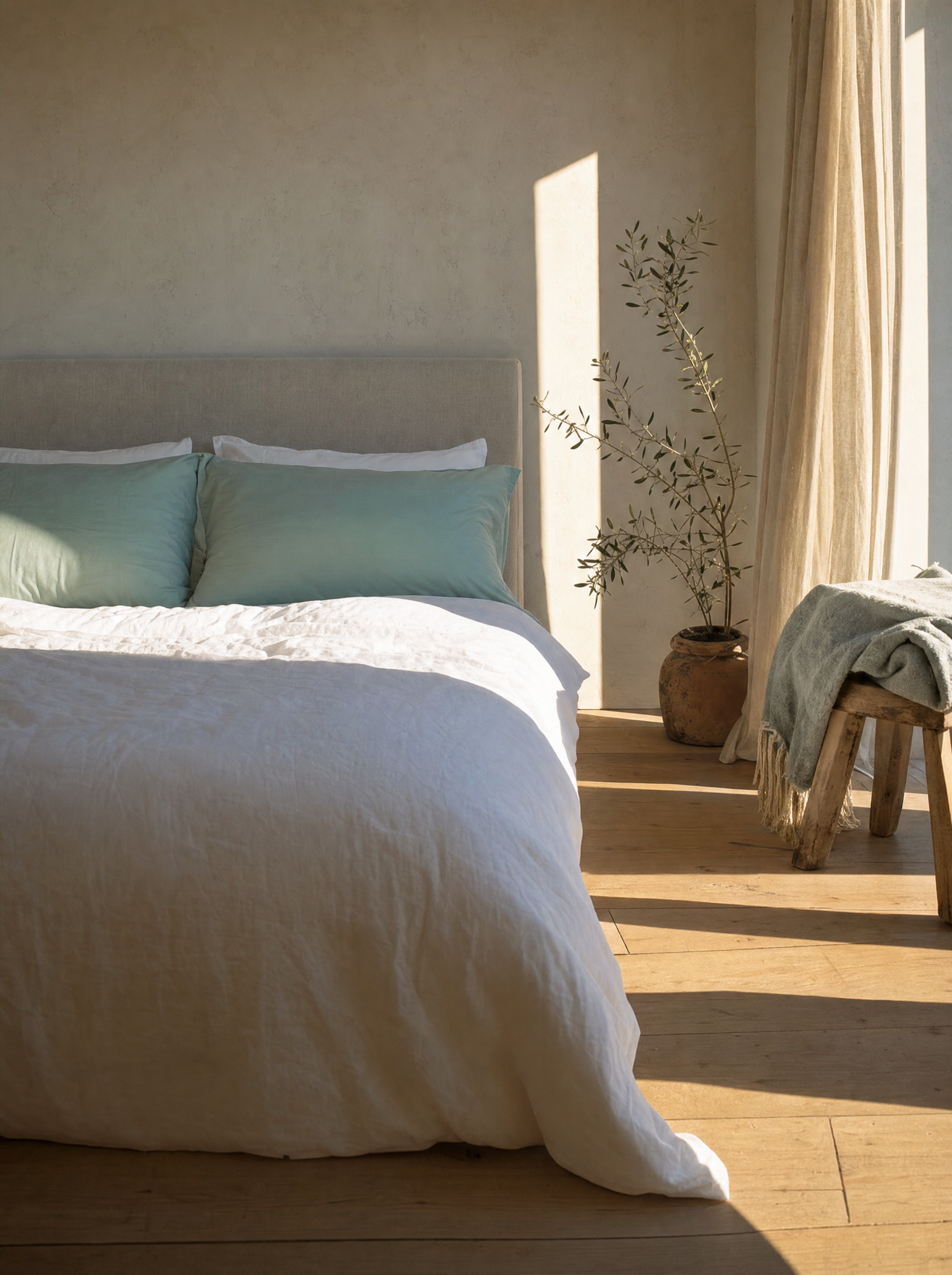 Taies d'oreiller coton doux vert d'eau Noctua Paris sur un lit, soleil rasant sur le parquet
