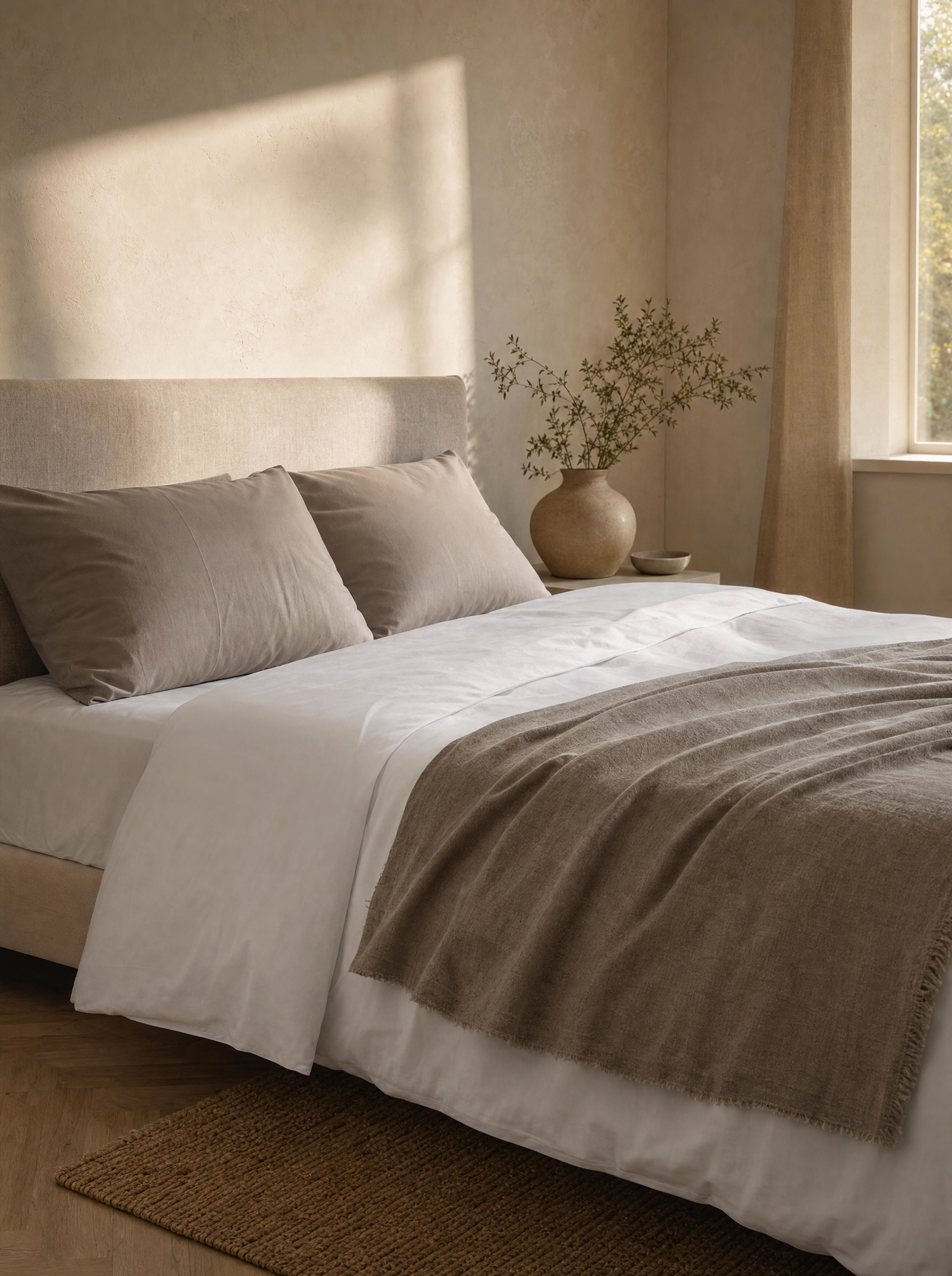 Taies d'oreiller coton égyptien taupe Noctua Paris sur un lit fait, lumière dorée de fin de journée