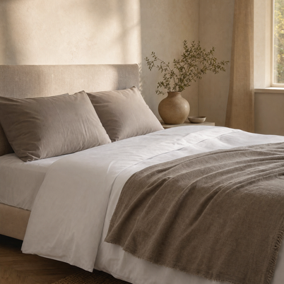 Taies d'oreiller coton égyptien taupe Noctua Paris sur un lit fait, lumière dorée de fin de journée