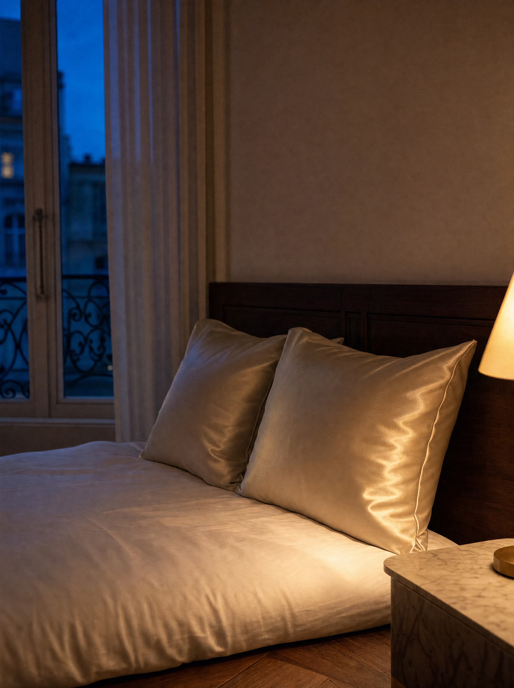 Taies d'oreiller en satin champagne Noctua Paris sur un lit au crépuscule, lumière de lampe