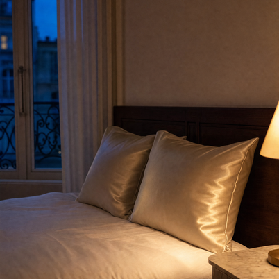 Taies d'oreiller en satin champagne Noctua Paris sur un lit au crépuscule, lumière de lampe