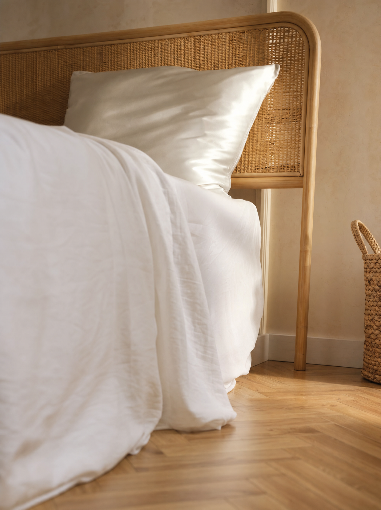 Taie d'oreiller en soie de mûrier blanche Noctua Paris sur un lit à tête de lit en rotin, lumière du matin