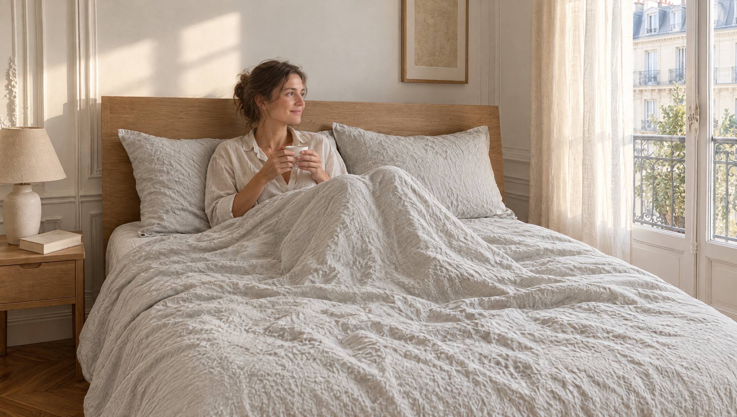 Vrouw die wakker wordt in een bed met een Noctua-set van gewassen linnen, Parijs appartement