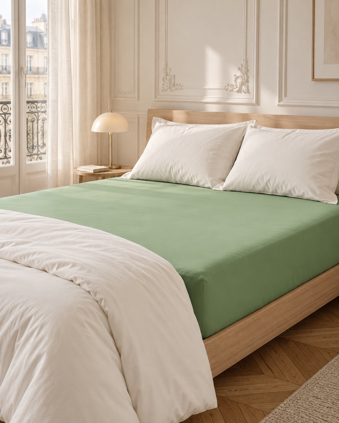 noctua_drap-housse-coton-egyptien_vert-feuille_01-lit-fait_paris