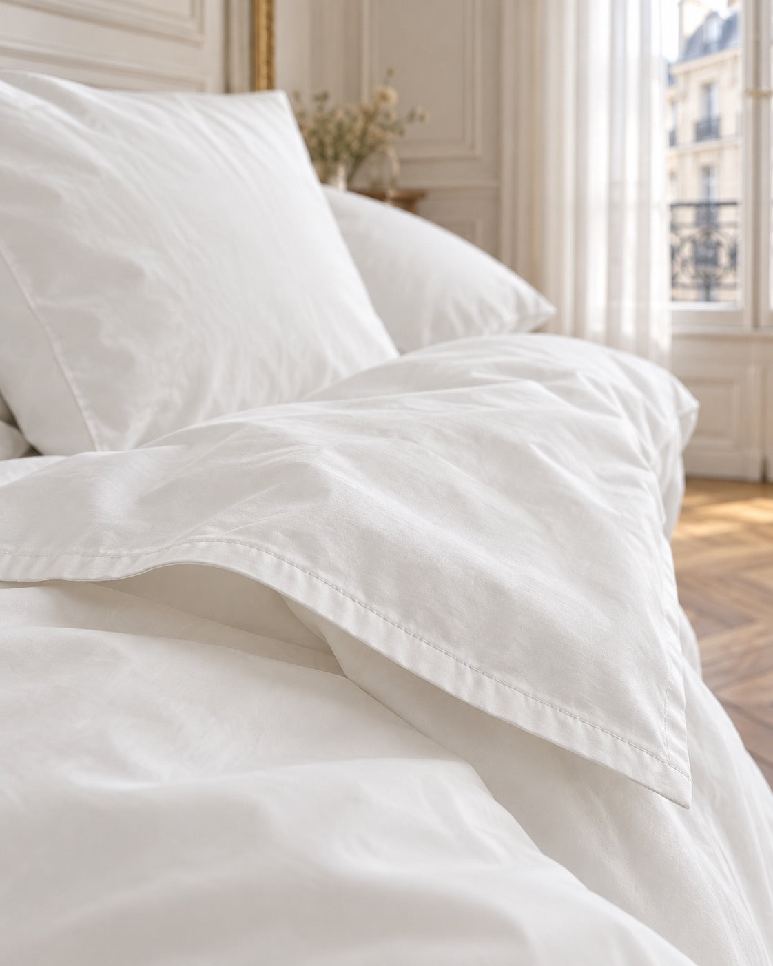 Beddengoedset van gewassen katoenpercal – Blanc
