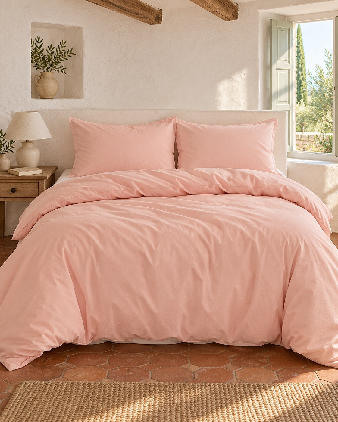 Beddengoedset van gewassen katoenpercal – Rose