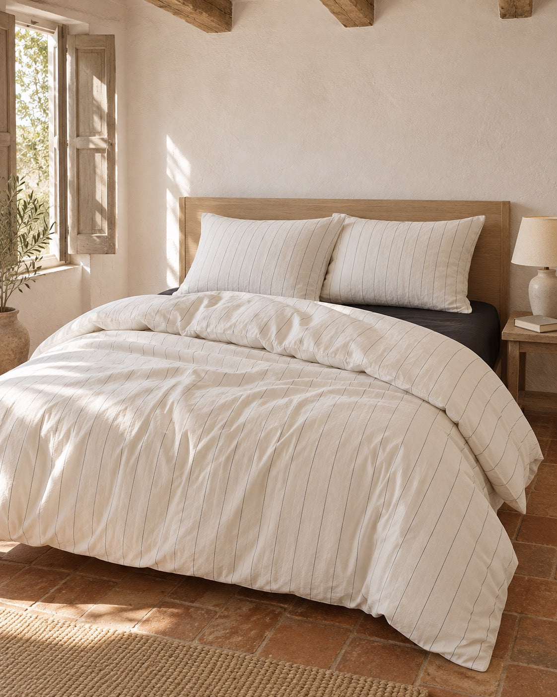 Fine stripe bedding set – Écru et noir