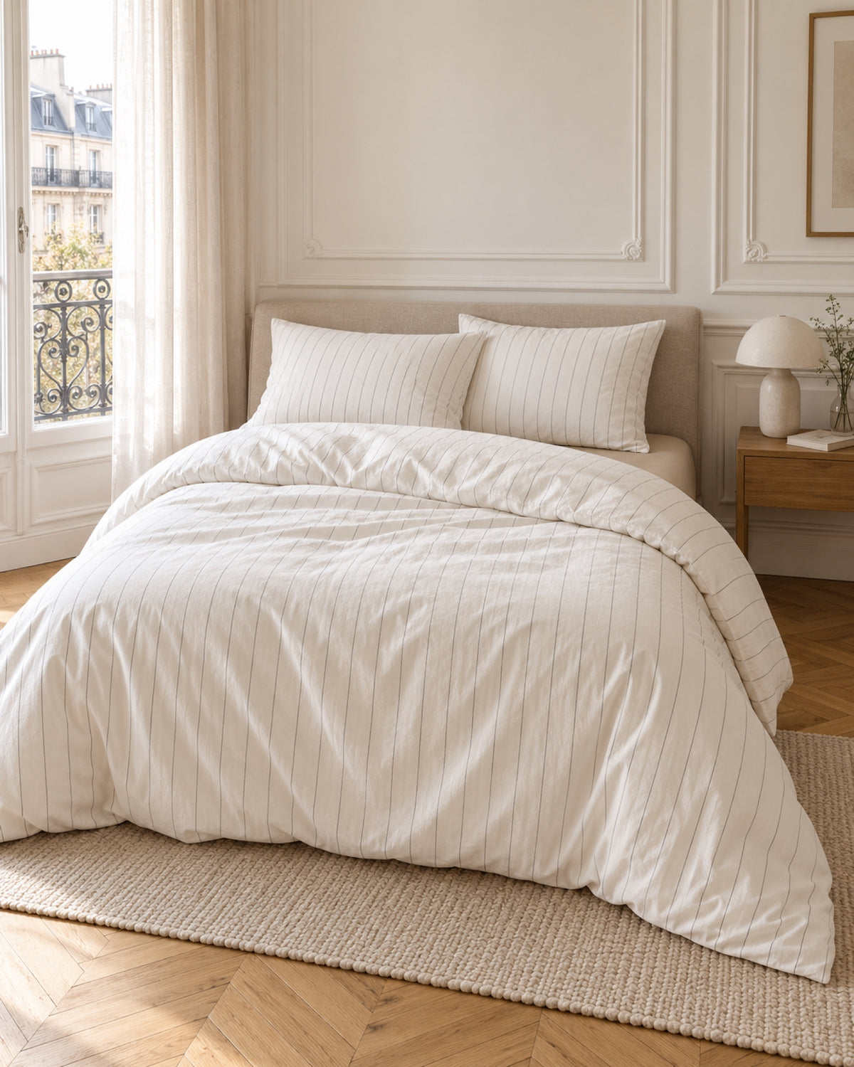Fine stripe bedding set – Écru et sable