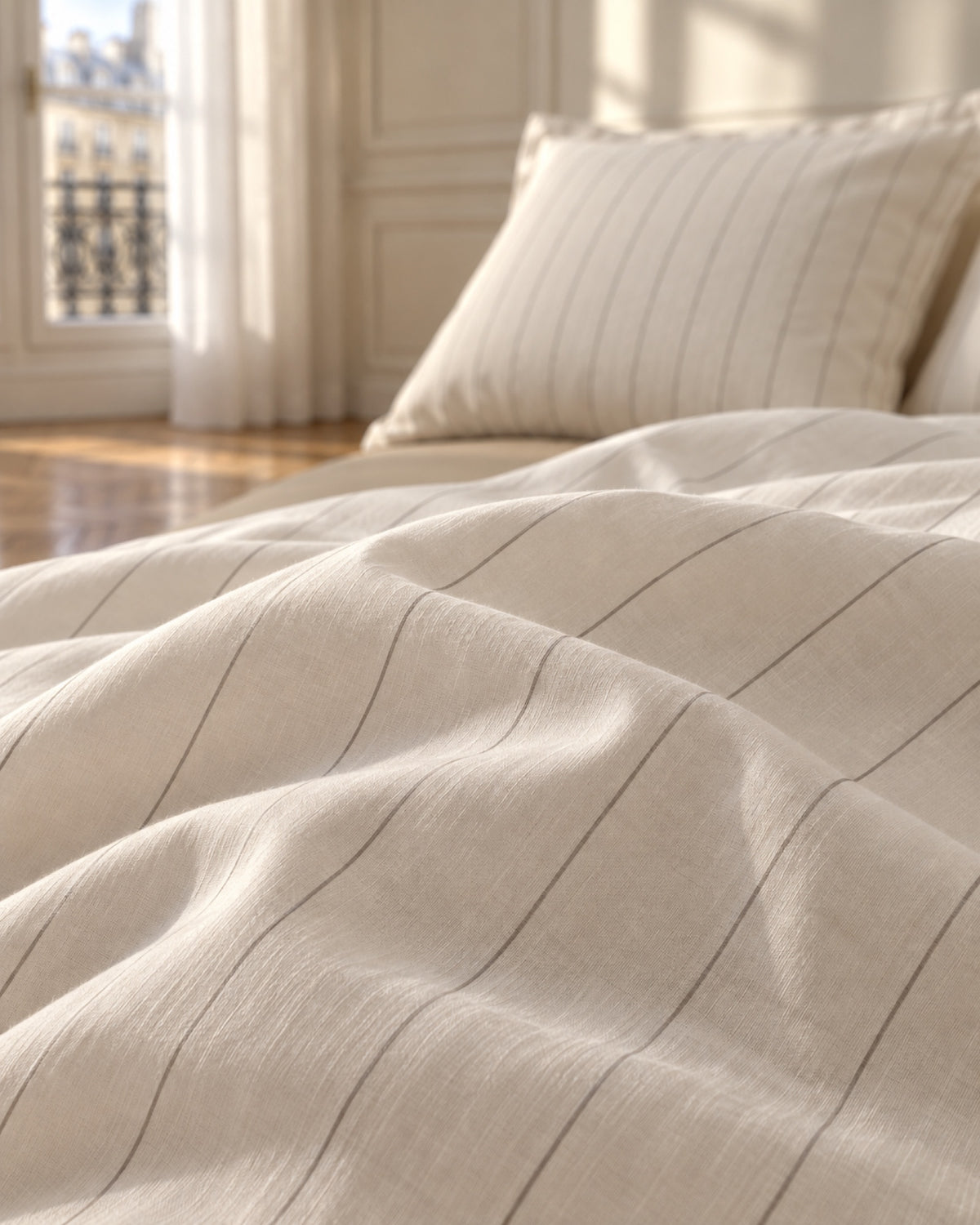 Fine stripe bedding set – Écru et sable
