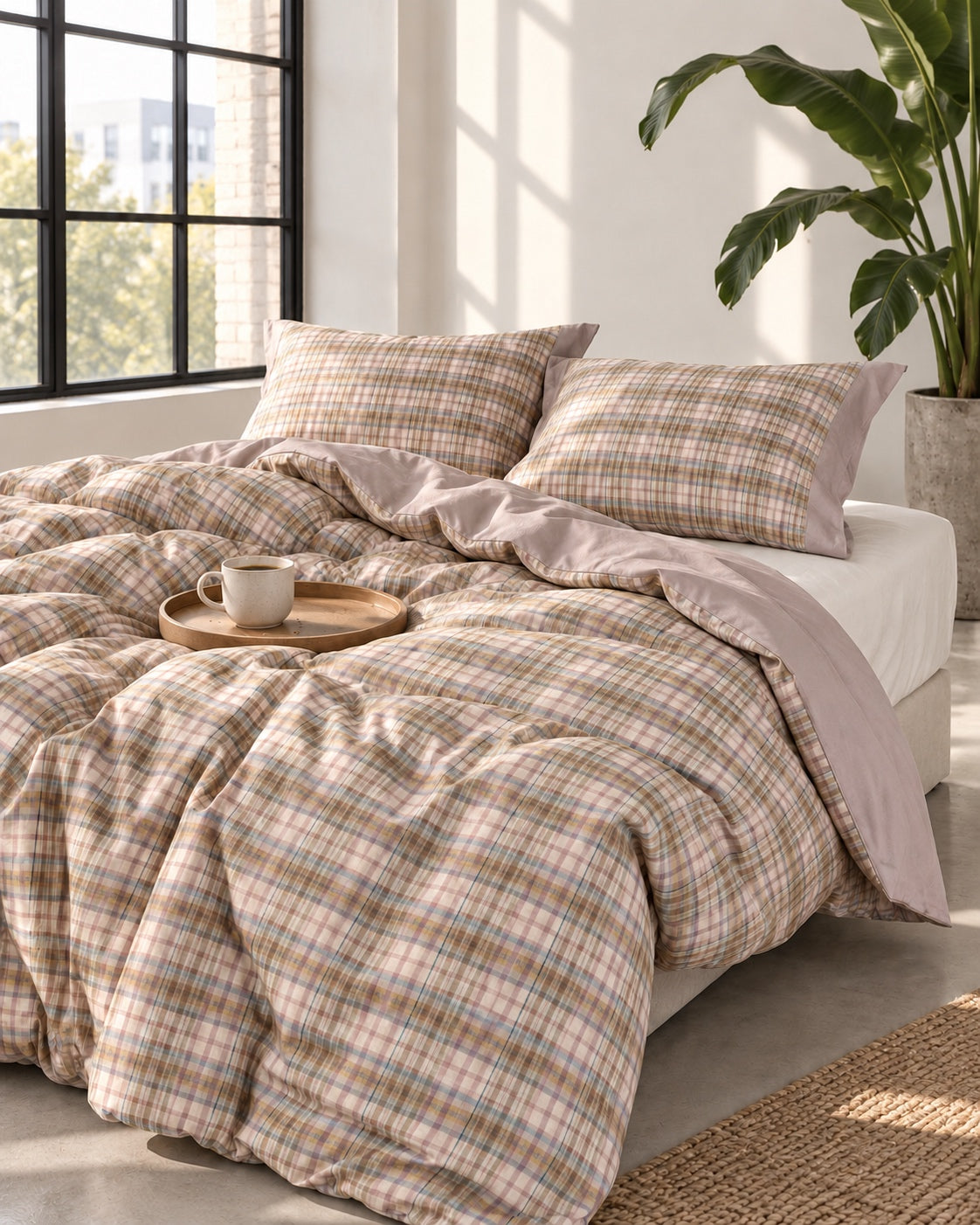 Omkeerbare beddengoedset met vichyruit – Beige rosé