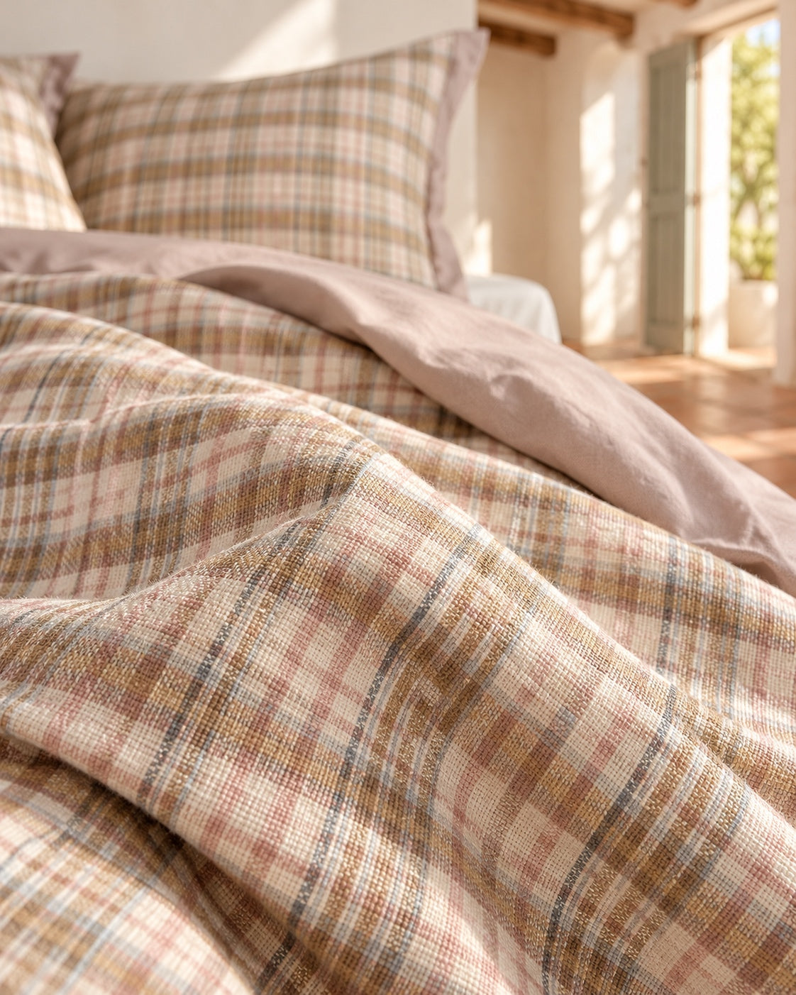 Omkeerbare beddengoedset met vichyruit – Beige rosé