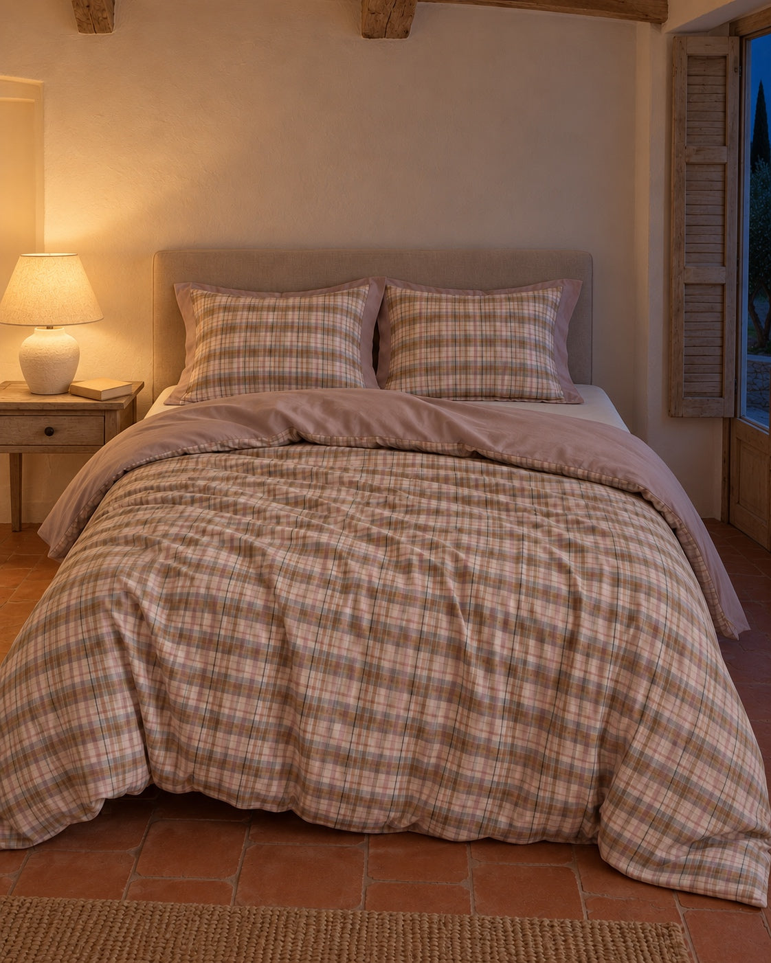 Omkeerbare beddengoedset met vichyruit – Beige rosé