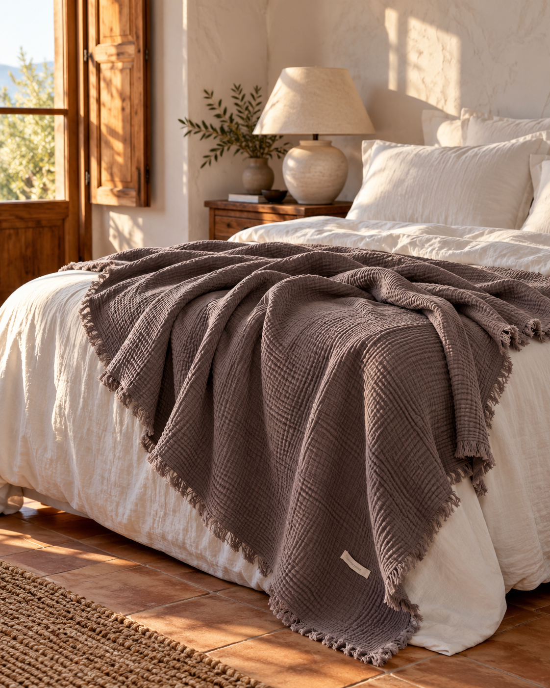Fringed cotton gauze throw – Marron