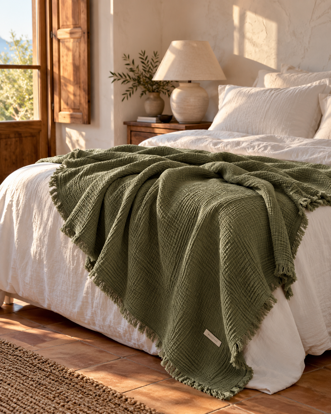 Fringed cotton gauze throw – Vert