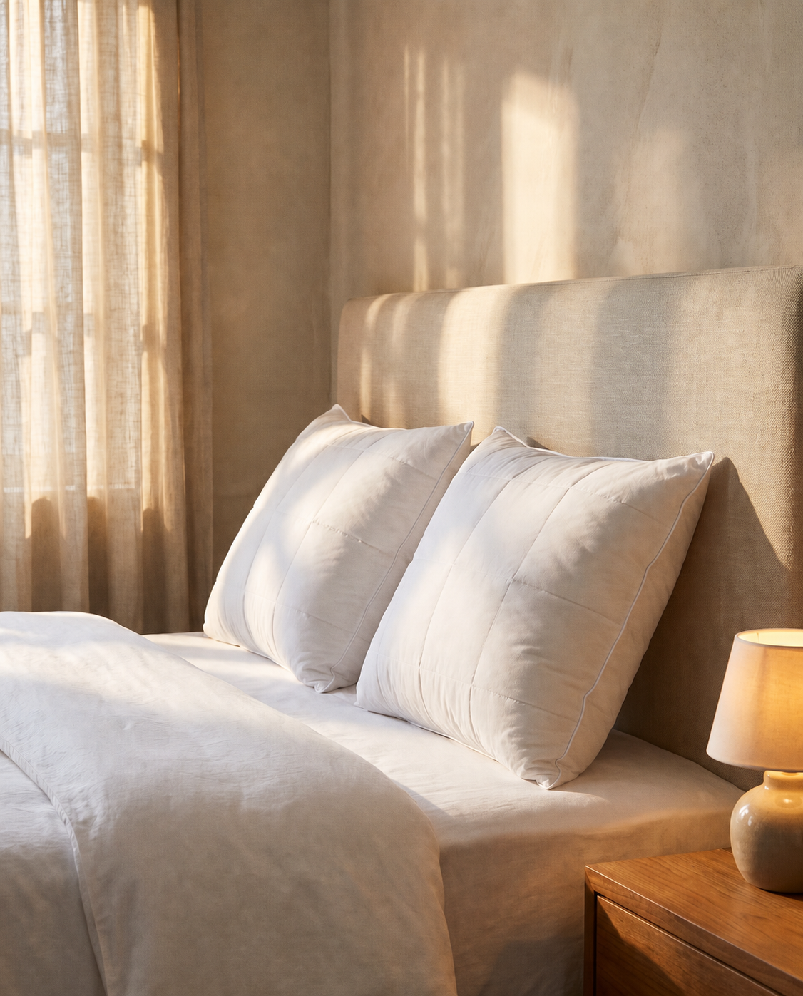 Deux oreillers Signature Noctua Paris blancs sur un lit, lumière naturelle chaleureuse