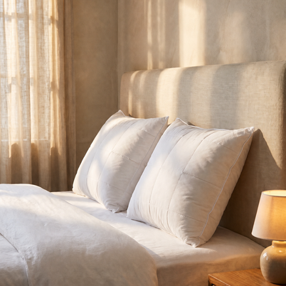 Deux oreillers Signature Noctua Paris blancs sur un lit, lumière naturelle chaleureuse