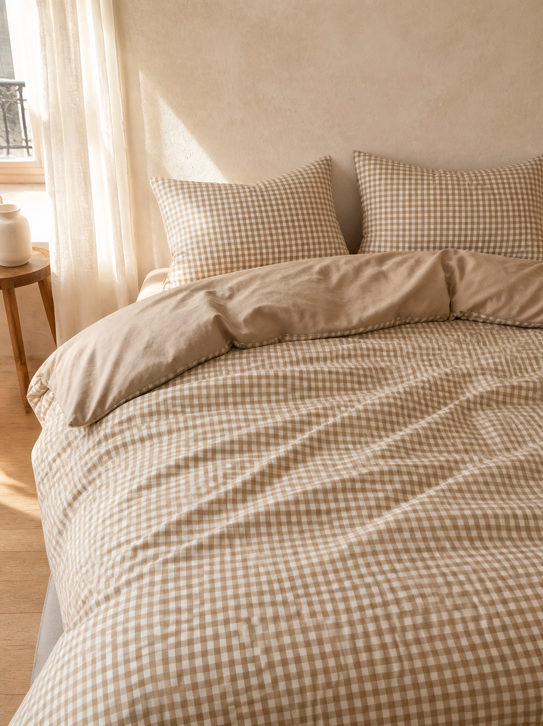 Parure de lit vichy réversible caramel et écru avec revers taupe Noctua Paris