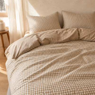 Parure de lit vichy réversible caramel et écru avec revers taupe Noctua Paris
