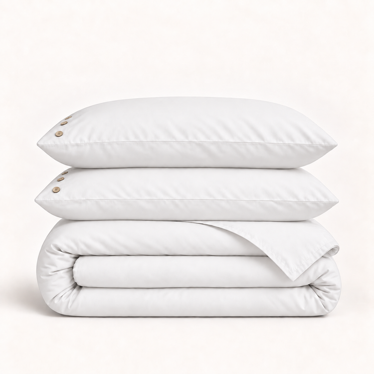 Parure de lit en percale de coton blanche — deux taies et une housse pliée sur fond ivoire — Noctua Paris