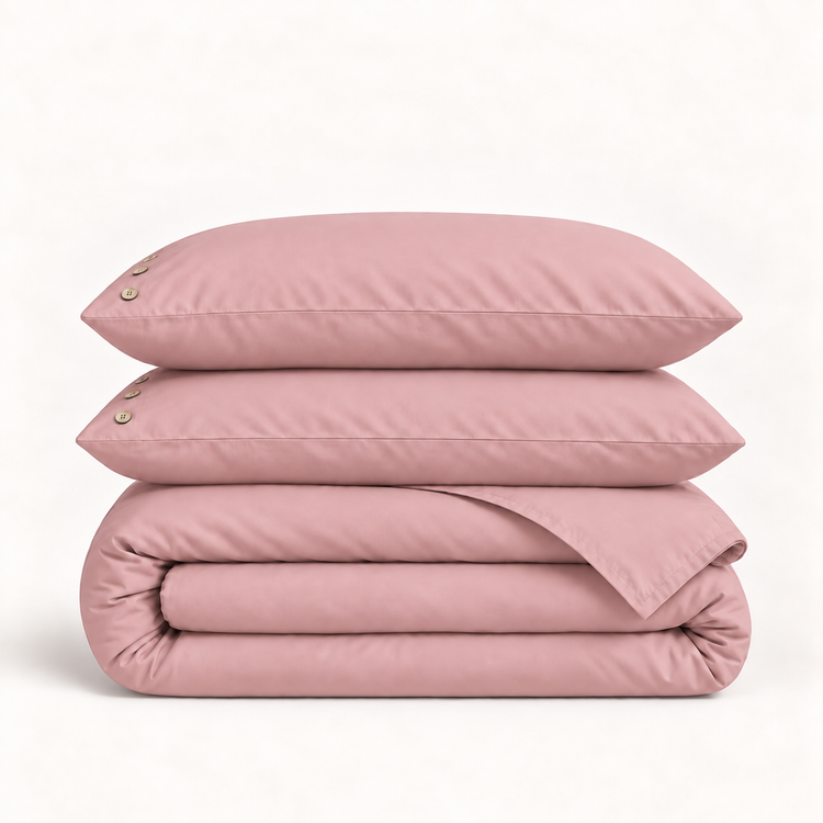 Parure de lit en percale de coton rose — deux taies et une housse pliée sur fond ivoire — Noctua Paris