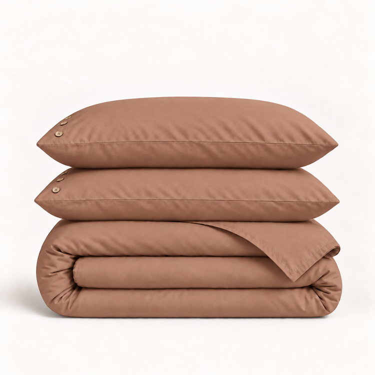 Parure de lit en percale de coton terracotta — deux taies et une housse pliée sur fond ivoire — Noctua Paris
