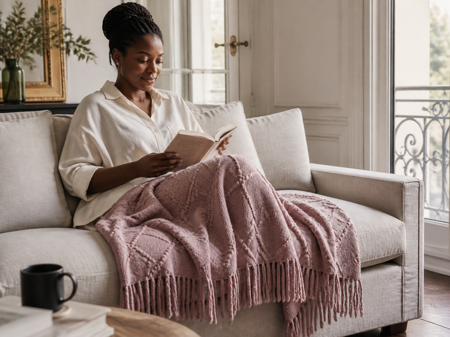 Femme noire lisant avec un plaid en maille à franges rose Noctua Paris