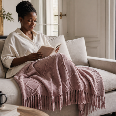 Femme noire lisant avec un plaid en maille à franges rose Noctua Paris