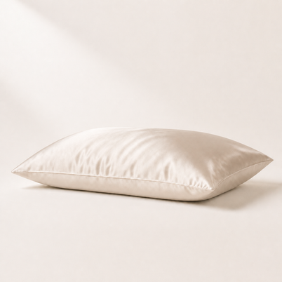 Taie d'oreiller en soie de mûrier 22 momme champagne, packshot horizontal sur fond blanc chaud, Noctua Paris