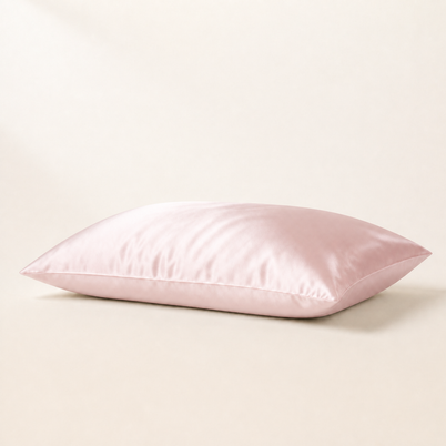Taie d'oreiller en soie de mûrier 22 momme rose, packshot horizontal sur fond blanc chaud, Noctua Paris